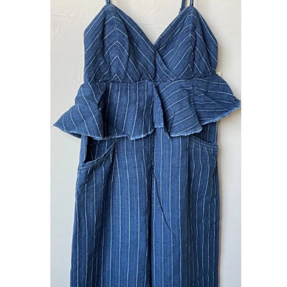 Anthropologie Denim Jumpsuit Womens Blue Sleeveless Peplum Ruffled Striped Long - Picture 4 of 9